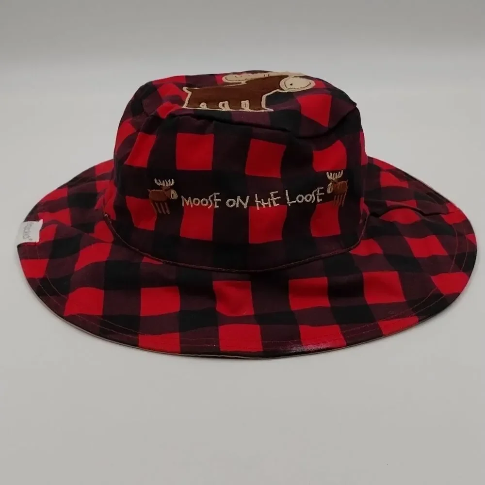 Flap Jack kids Reversible Hat for Kids Red Plaid and Tan Moose/Bear unisex
